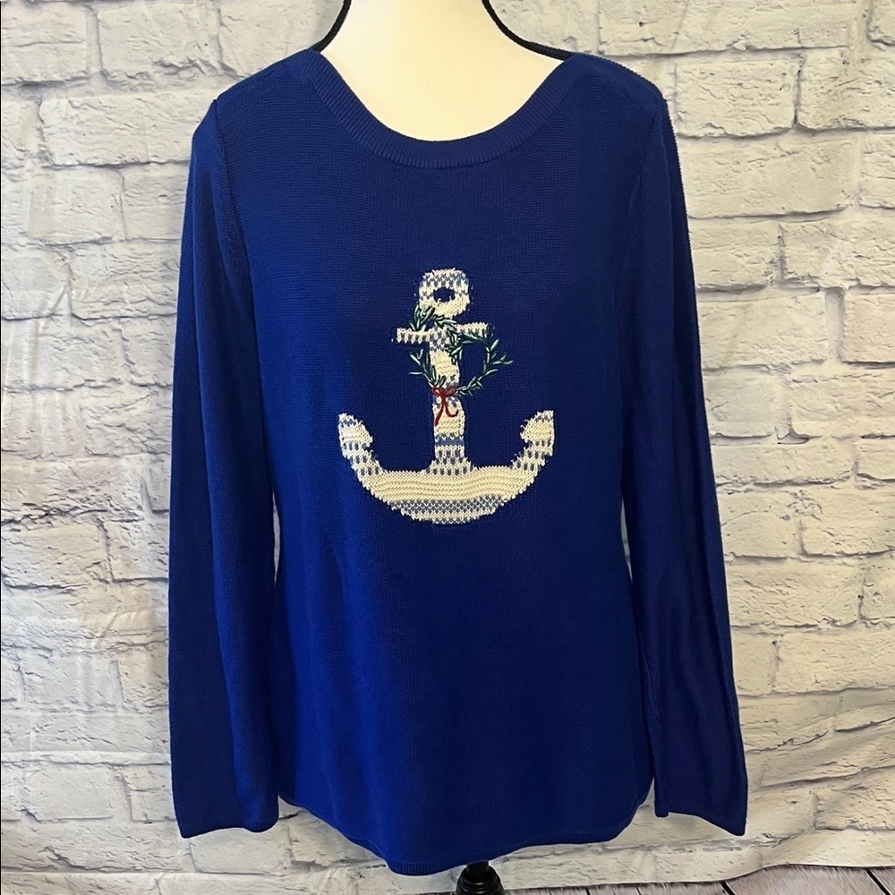 Talbots Sweater Anchor Holiday Size Medium Blue